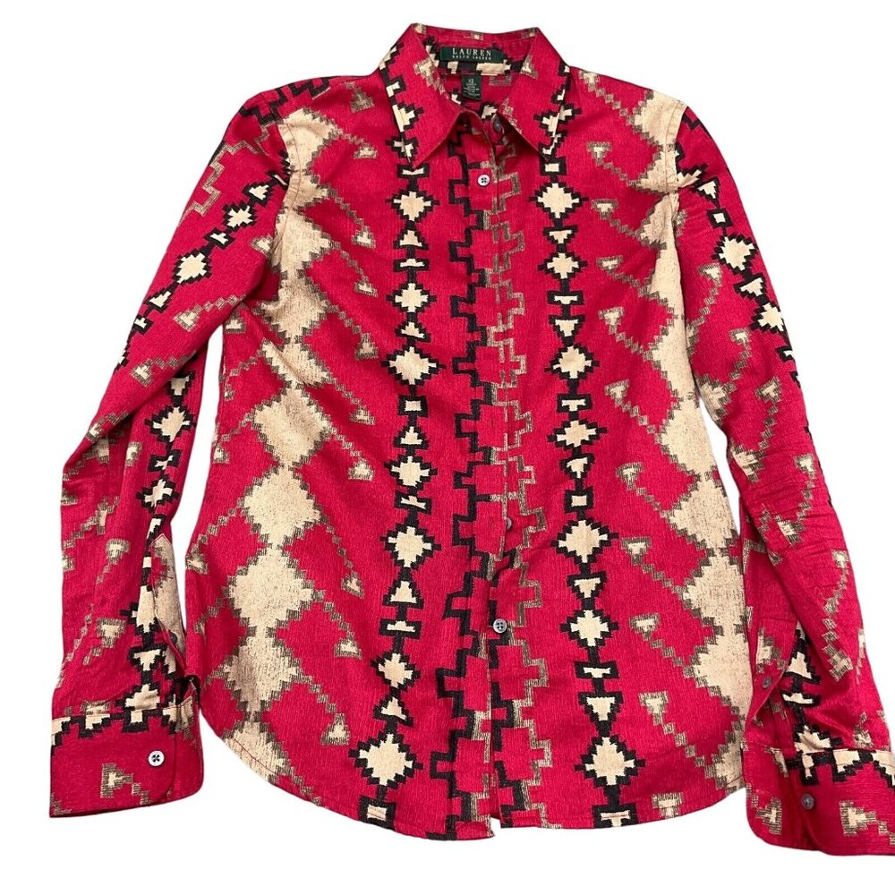 Lauren Ralph Lauren Shirt Women XSmall Orange Beige Aztec Tribal Cotton Blouse